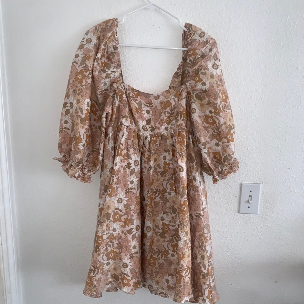 Storia Womens Floral Metallic Puff Sleeve Babydoll Mini Dress Tan Brown Gold M - Picture 2 of 10